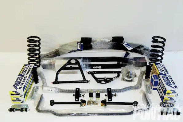1. Pro-Touring F-Body&rsquo;s Gen II 1LE Kit (PN 2CS-416/$779) includes new front springs, non-adjustable shock absorbers, leaf springs, and a leaf-spring installation kit. The company offers many optional, extra-cost components too, such as single- or double-adjustable shocks, custom-rate coil and leaf springs, and suspension drops.